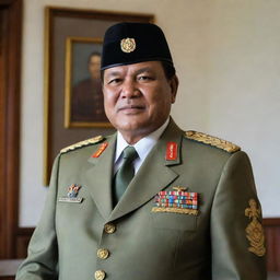 A professional portrait of Prabowo Subianto, a prominent Indonesian politician and former Lieutenant General in Indonesian Army, ensconced in a formal office setting.