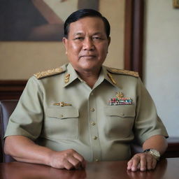 A professional portrait of Prabowo Subianto, a prominent Indonesian politician and former Lieutenant General in Indonesian Army, ensconced in a formal office setting.