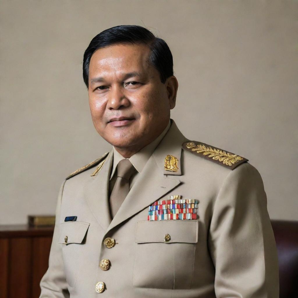 A professional portrait of Prabowo Subianto, a prominent Indonesian politician and former Lieutenant General in Indonesian Army, ensconced in a formal office setting.