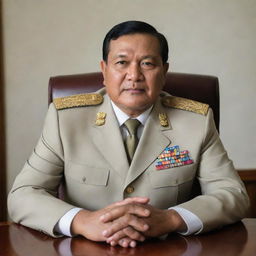 A professional portrait of Prabowo Subianto, a prominent Indonesian politician and former Lieutenant General in Indonesian Army, ensconced in a formal office setting.