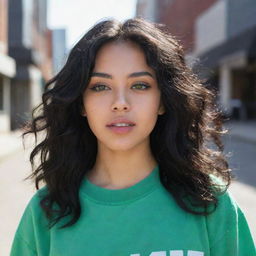 A candid photograph in high-definition, featuring a woman of Asian, Arabic, and Black descent. She is garbed in modern streetwear fashion, her green eyes and full lips complement her glass skin and the long, wavy, loose, black hair that's in motion, radiating Gen Z vibes.