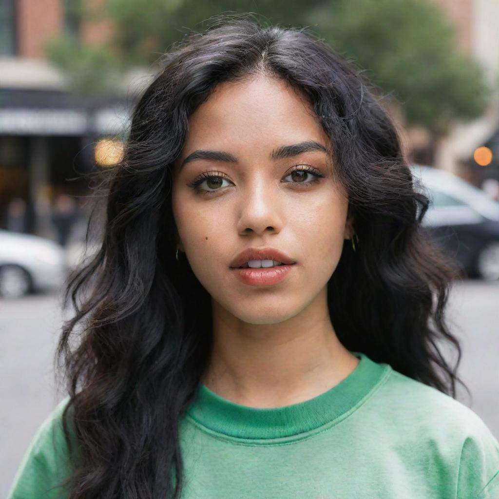 A candid photograph in high-definition, featuring a woman of Asian, Arabic, and Black descent. She is garbed in modern streetwear fashion, her green eyes and full lips complement her glass skin and the long, wavy, loose, black hair that's in motion, radiating Gen Z vibes.