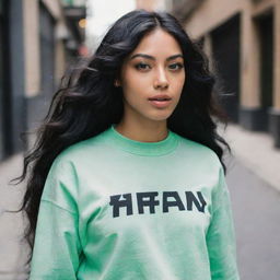 A candid photograph in high-definition, featuring a woman of Asian, Arabic, and Black descent. She is garbed in modern streetwear fashion, her green eyes and full lips complement her glass skin and the long, wavy, loose, black hair that's in motion, radiating Gen Z vibes.