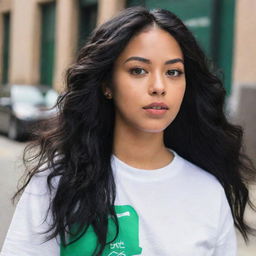 A candid photograph in high-definition, featuring a woman of Asian, Arabic, and Black descent. She is garbed in modern streetwear fashion, her green eyes and full lips complement her glass skin and the long, wavy, loose, black hair that's in motion, radiating Gen Z vibes.