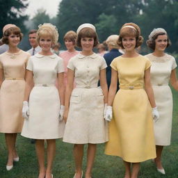 Women in 1960's American fashion styles, attending a sunny outdoor social gathering