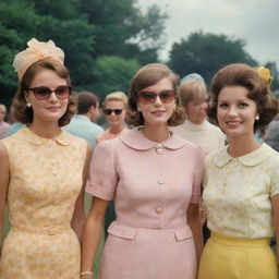 Women in 1960's American fashion styles, attending a sunny outdoor social gathering