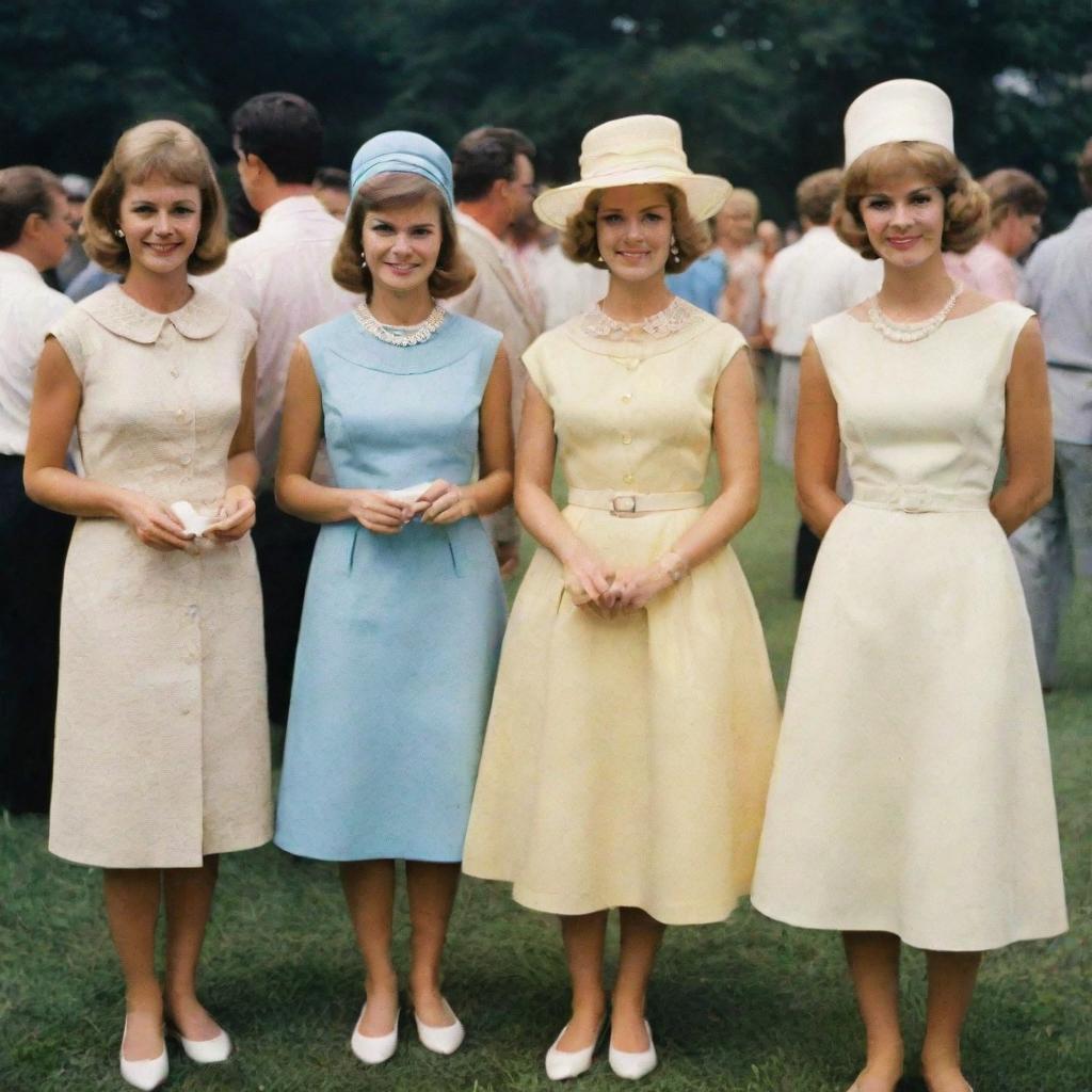 Women in 1960's American fashion styles, attending a sunny outdoor social gathering