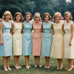 Women in 1960's American fashion styles, attending a sunny outdoor social gathering