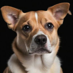 Generate an image of a dog's face with a black hole as one eye, creating a profound and unique visual effect.