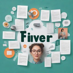 A visually striking image featuring 'Fiverr' prominently displayed in a large font, coupled with texts detailing services such as 'Proofreading', 'Resume Writing', 'Transcription', and 'Content Writing' in equally striking and large fonts.