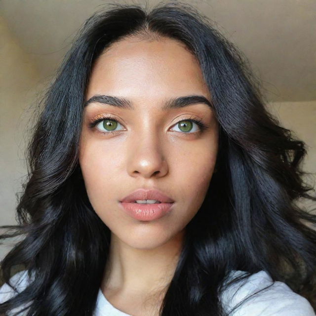 A high-definition selfie of a Generation Z-inspired woman with Asian, Arabic, and Black heritage. She has green eyes, full lips, glass skin, and long, loose, wavy black hair in motion.