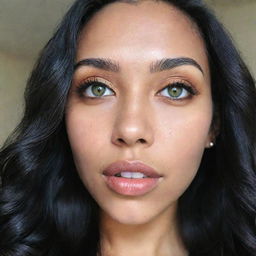 A high-definition selfie of a Generation Z-inspired woman with Asian, Arabic, and Black heritage. She has green eyes, full lips, glass skin, and long, loose, wavy black hair in motion.