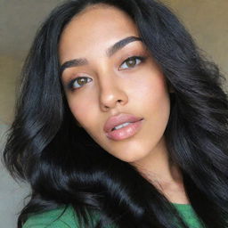 A high-definition selfie of a Generation Z-inspired woman with Asian, Arabic, and Black heritage. She has green eyes, full lips, glass skin, and long, loose, wavy black hair in motion.