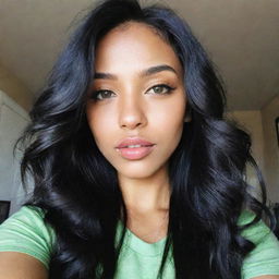 A high-definition selfie of a Generation Z-inspired woman with Asian, Arabic, and Black heritage. She has green eyes, full lips, glass skin, and long, loose, wavy black hair in motion.