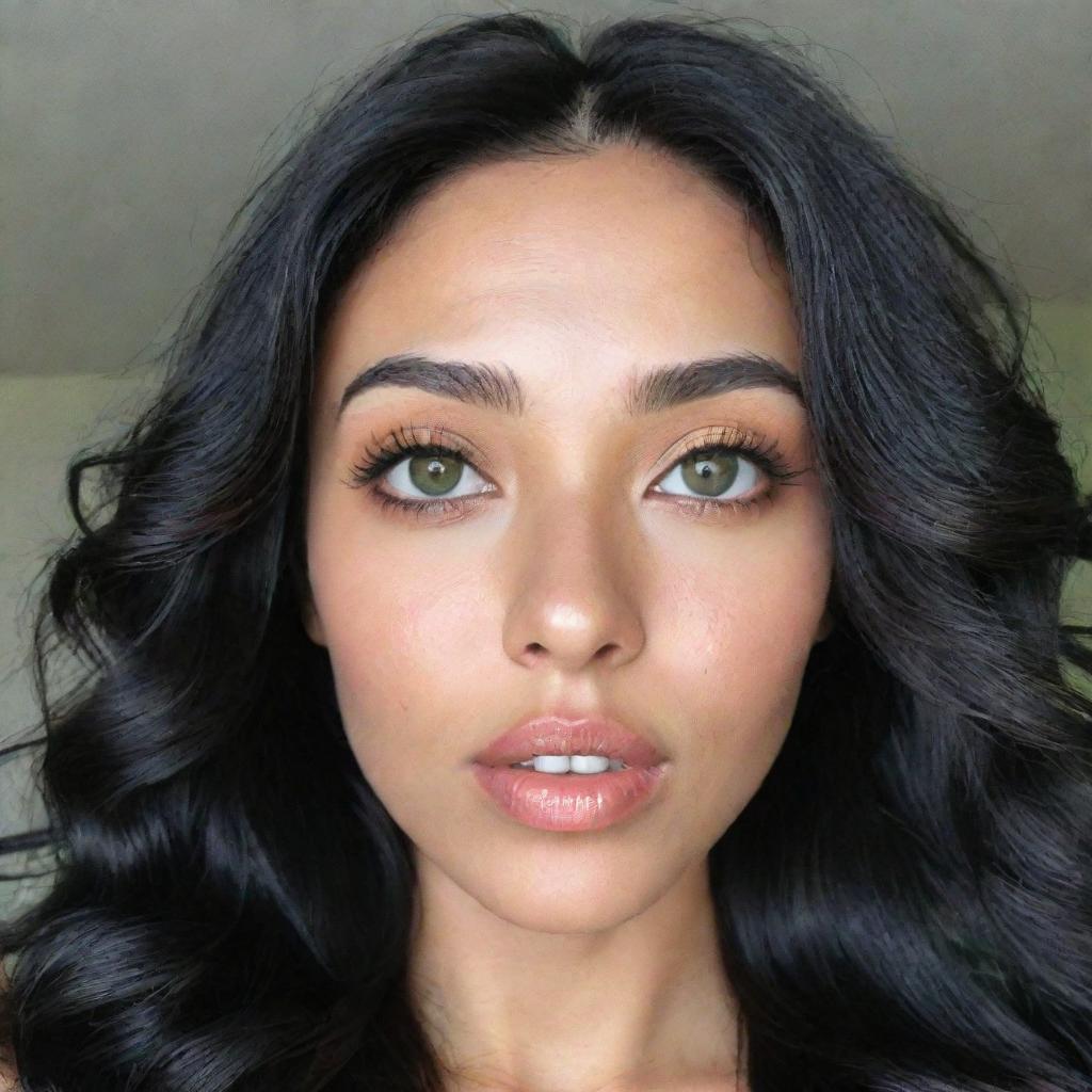 A high-definition Generation Z-style selfie of a woman with Asian, Arabic, and Black roots. She has green eyes, full lips, glossy 'glass' skin, and her long, wavy black hair is down and in motion.