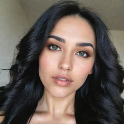 A high-definition Generation Z-style selfie of a woman with Asian, Arabic, and Black roots. She has green eyes, full lips, glossy 'glass' skin, and her long, wavy black hair is down and in motion.