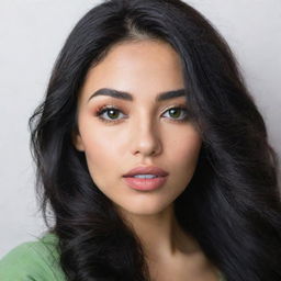 A high-definition Generation Z-style selfie of a woman with Asian, Arabic, and Black roots. She has green eyes, full lips, glossy 'glass' skin, and her long, wavy black hair is down and in motion.