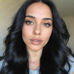 A high-definition Generation Z-style selfie of a woman with Asian, Arabic, and Black roots. She has green eyes, full lips, glossy 'glass' skin, and her long, wavy black hair is down and in motion.