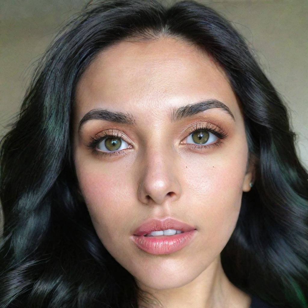 A high-definition Generation Z-style selfie of a woman with Asian, Arabic, and Black roots, possessing green eyes with dilated pupils, full lips, and glass skin. Her long, wavy, black hair is down and flowing in motion.