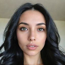 A high-definition Generation Z-style selfie of a woman with Asian, Arabic, and Black roots, possessing green eyes with dilated pupils, full lips, and glass skin. Her long, wavy, black hair is down and flowing in motion.