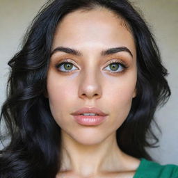 A high-definition Generation Z-style selfie of a woman with Asian, Arabic, and Black roots, possessing green eyes with dilated pupils, full lips, and glass skin. Her long, wavy, black hair is down and flowing in motion.