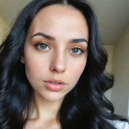 A high-definition Generation Z-style selfie of a woman with Asian, Arabic, and Black roots, possessing green eyes with dilated pupils, full lips, and glass skin. Her long, wavy, black hair is down and flowing in motion.