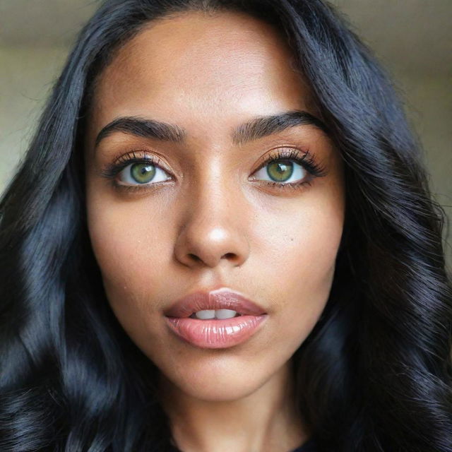 A high-definition Generation Z-style selfie of a woman with Asian, Arabic, and Black heritage. She showcases green eyes with large, dilated pupils, full lips, glossy 'glass' skin, while her long, wavy black hair is down and flowing in motion.