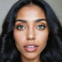 A high-definition Generation Z-style selfie of a woman with Asian, Arabic, and Black heritage. She showcases green eyes with large, dilated pupils, full lips, glossy 'glass' skin, while her long, wavy black hair is down and flowing in motion.