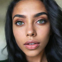 A high-definition Generation Z-style selfie of a woman with Asian, Arabic, and Black heritage. She showcases green eyes with large, dilated pupils, full lips, glossy 'glass' skin, while her long, wavy black hair is down and flowing in motion.