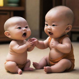 A cute baby interacting with a Momo character from Avatar: The Last Airbender in a playful setting.