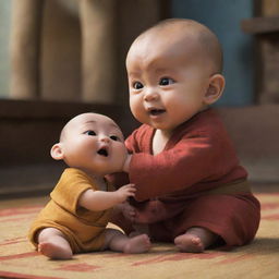 A cute baby interacting with a Momo character from Avatar: The Last Airbender in a playful setting.