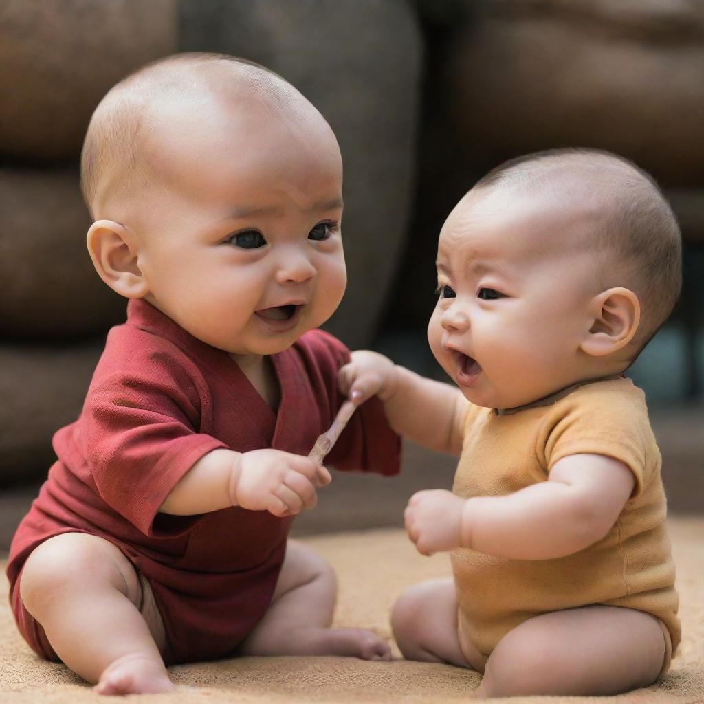 A cute baby interacting with a Momo character from Avatar: The Last Airbender in a playful setting.