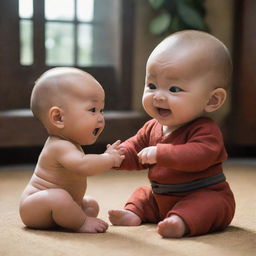 A cute baby interacting with a Momo character from Avatar: The Last Airbender in a playful setting.