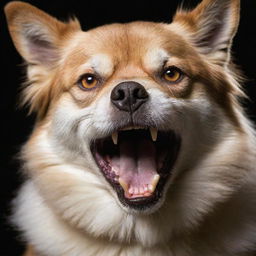 Generate an image of an angry dog; its fur bristled, teeth bared, and eyes filled with intensity.