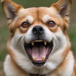 Generate an image of an angry dog; its fur bristled, teeth bared, and eyes filled with intensity.