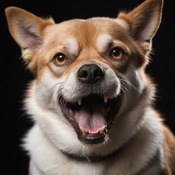 Generate an image of an angry dog; its fur bristled, teeth bared, and eyes filled with intensity.