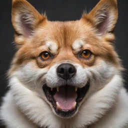 Generate an image of a dog exhibiting anger, with fur bristled, teeth bared, and eyes flaring.