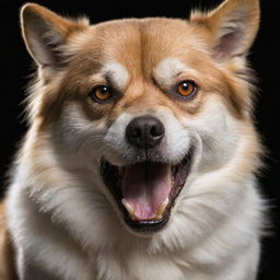 Generate an image of a dog exhibiting anger, with fur bristled, teeth bared, and eyes flaring.