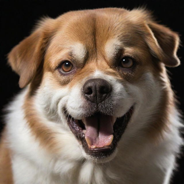 Generate an image of a dog exhibiting anger, with fur bristled, teeth bared, and eyes flaring.