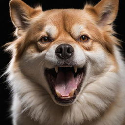 Generate an image of a dog exhibiting anger, with fur bristled, teeth bared, and eyes flaring.