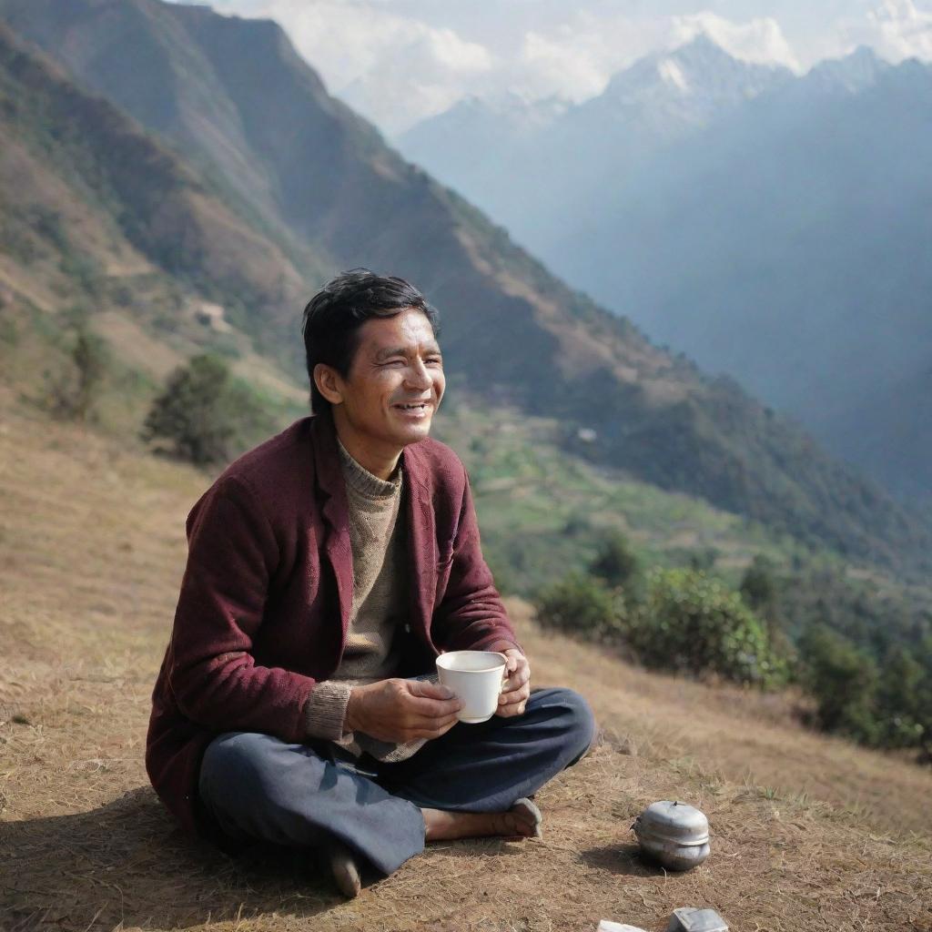 A Nepali individual savoring a hot cup of traditional Nepali tea in a serene mountain landscape.