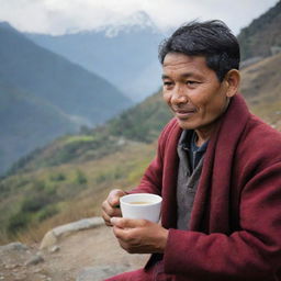 A Nepali individual savoring a hot cup of traditional Nepali tea in a serene mountain landscape.