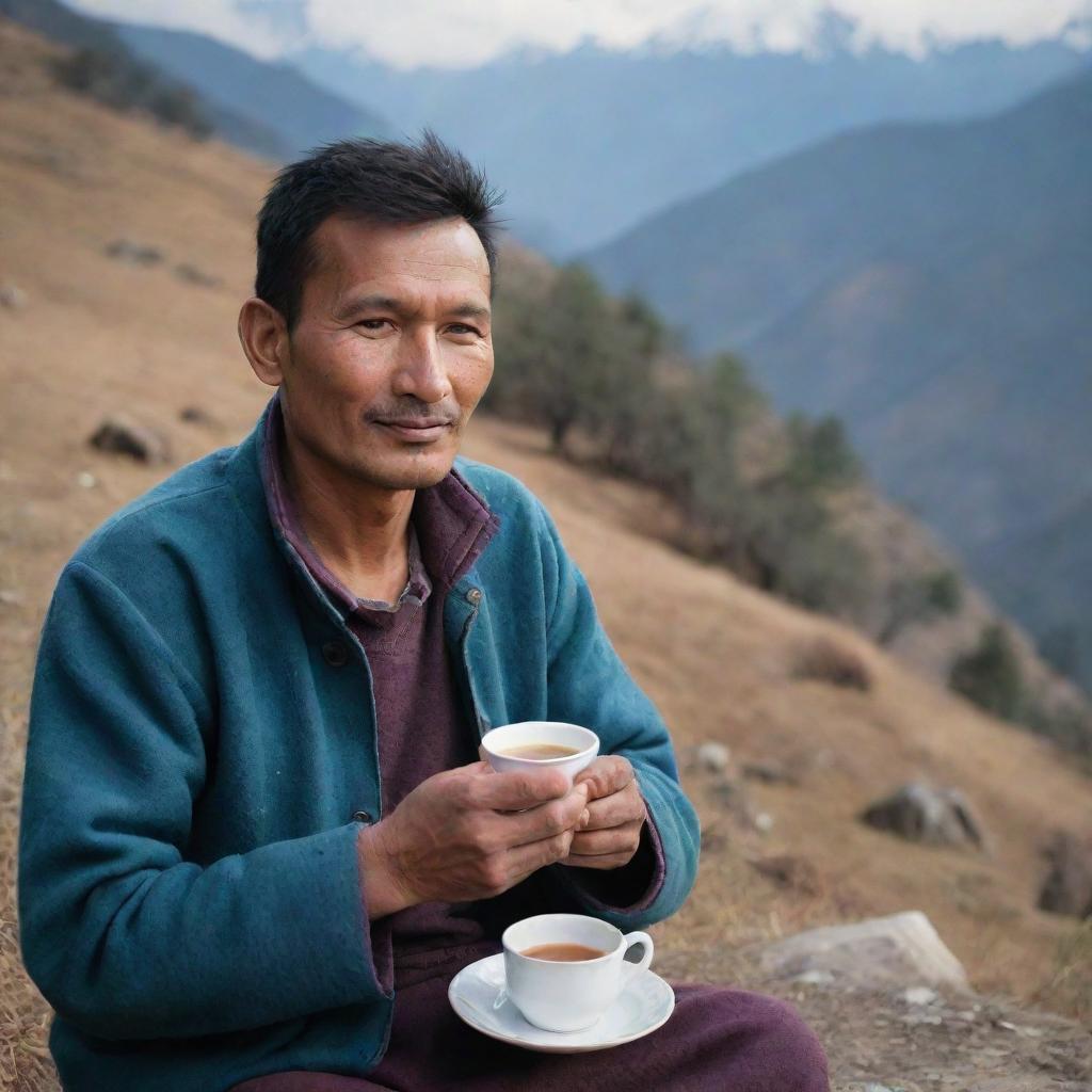 A Nepali individual savoring a hot cup of traditional Nepali tea in a serene mountain landscape.