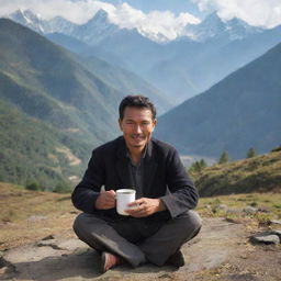 A Nepali individual savoring a hot cup of traditional Nepali tea in a serene mountain landscape.