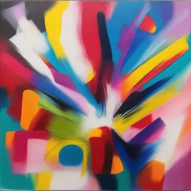 The artist depicted the process of ionisation in a vibrant and abstract painting, using bold colors and shapes to capture the energy and transformation.