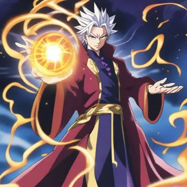 In the anime series, the powerful magician concentrates his energy to perform a spell, resulting in a dazzling display of ionisation and sparks.