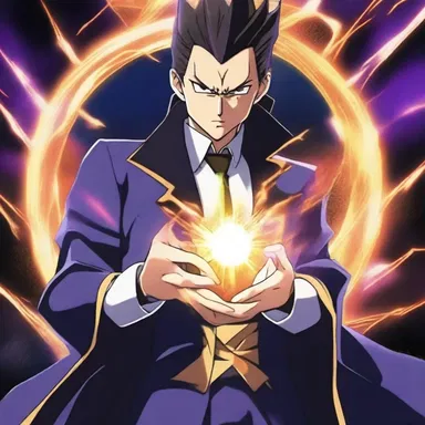 In the anime series, the powerful magician concentrates his energy to perform a spell, resulting in a dazzling display of ionisation and sparks.