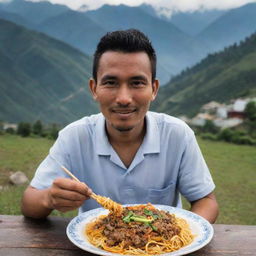 A Nepali individual enjoying a delicious plate of Chow Mein amidst the backdrop of Himalayan foothills.