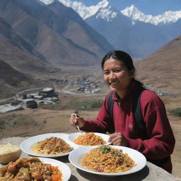 A Nepali individual enjoying a delicious plate of Chow Mein amidst the backdrop of Himalayan foothills.