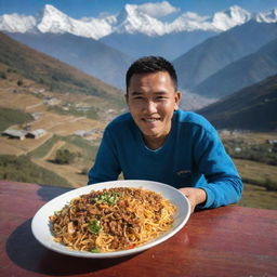 A Nepali individual enjoying a delicious plate of Chow Mein amidst the backdrop of Himalayan foothills.